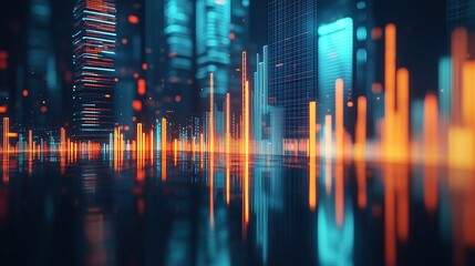 Orange glowing digital skyline with reflection. Urban technology and innovation