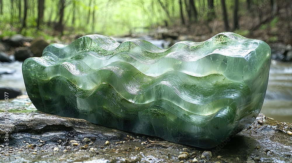 Poster a translucent green stone with wavy patterns rests by a flowing stream in a wooded area.