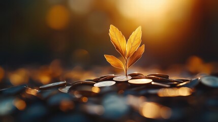 Golden plant sprouting from coins under warm sunlight. savings and growth