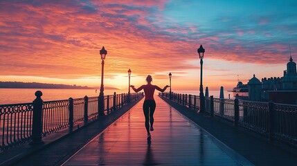 Obraz premium A person stretching after a run on a picturesque pier at sunrise