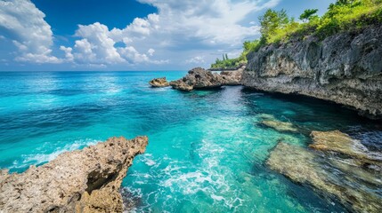 Fototapeta premium Serene Coastal Landscape with Turquoise Water and Rocky Cliffs