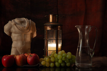 still life with apples and  old sculpture
