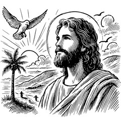 illustration, vector, black and white, christ, god, religion, sketch, jesus icon
