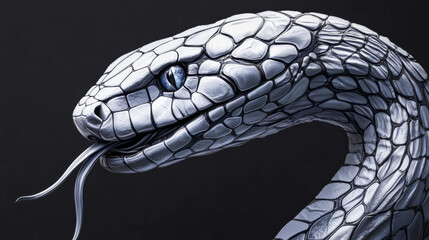 Close-up of a metallic silver snake with scales and blue eyes on a dark background