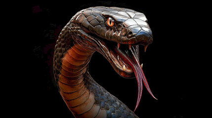 Close-up of a vicious black mamba with open mouth and vivid scales on black background