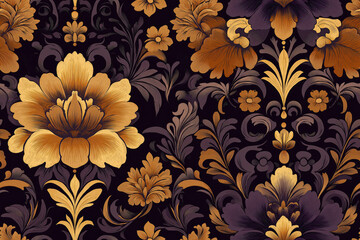 Luxurious floral seamless pattern with gold and dark violet accents