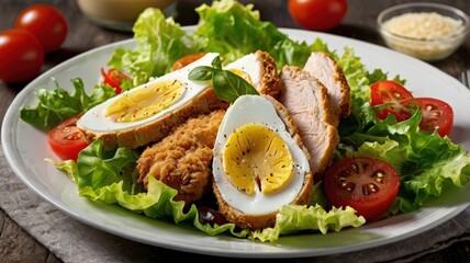 Chicken Caesar Salad with Crispy Schnitzel, Shaved Parmesan, and Boiled Eggs