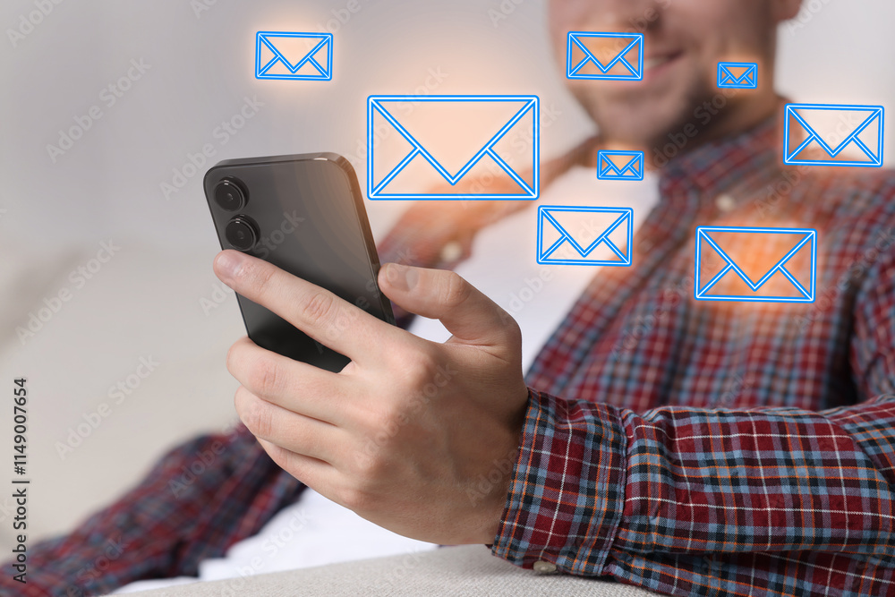 Poster man using mobile phone indoors, closeup. new message notification near device. illustration of envel