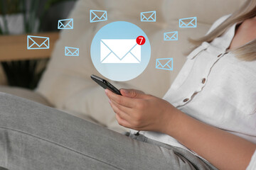 Woman using mobile phone indoors, closeup. New message notification near device. Illustration of...