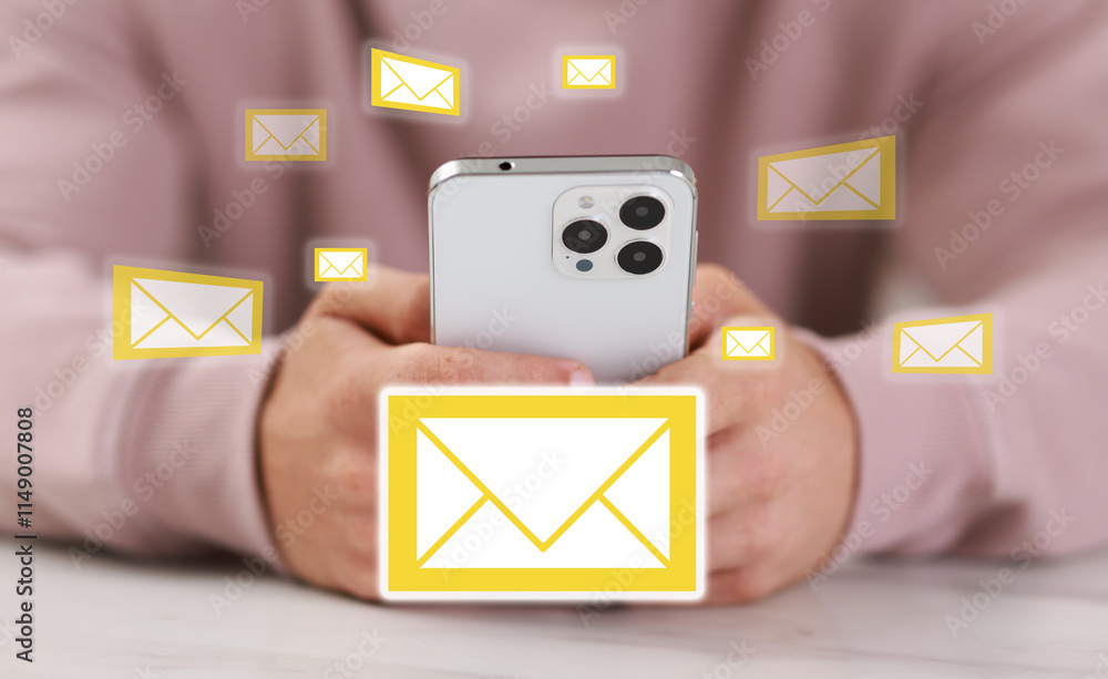 Poster man using mobile phone, closeup. new message notification near device. illustration of envelope