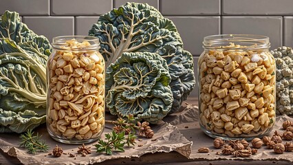 Jars of preserved vegetables with fresh cabbage on textured surface