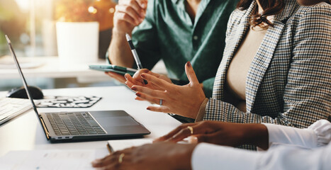 Web design team, meeting and laptop for hands, training or work review for data analysis....