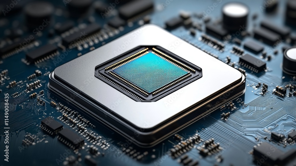 Aufkleber close up of modern cpu processor on circuit board with dark blue color, technology background
