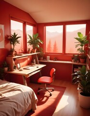 Elevation rendering of a Z-shaped study table with built-in wall seating in a simple cabin bedroom. The room boasts a bed, lovely accents, and thriving houseplants. Abundant natural light from an expa