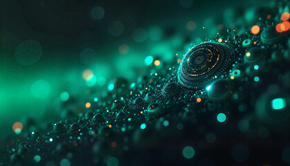 Fototapeta premium Futuristic digital landscape with glowing spheres and intricate patterns in teal and green tones