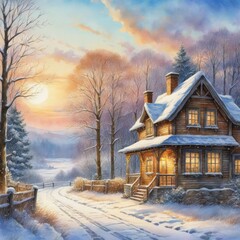 House Winter Oil Painting