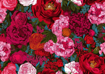 Seamless rich peony floral pattern with bold and vibrant hues