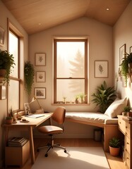 Elevation rendering of a Z-shaped study table with built-in wall seating in a simple cabin bedroom. The room boasts a bed, lovely accents, and thriving houseplants. Abundant natural light from an expa