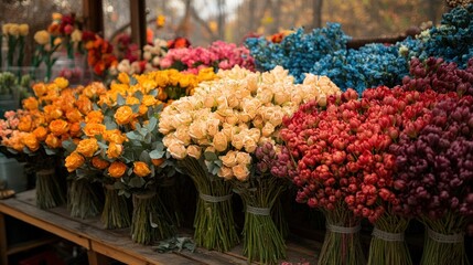 A vibrant display of colorful flower bouquets in a market setting.
