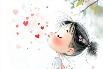 Girl blowing hearts: a valentine's day watercolor illustration