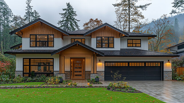 A modern house with a sloped roof, stone accents, and a lush green front lawn, set against a forested backdrop.
