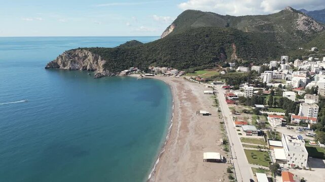Drone footage of Canj, a small touristic town nestled on the Adriatic coast in southern Montenegro