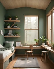 Elevation rendering of a Z-shaped study table with built-in wall seating in a simple cabin bedroom. The room boasts a bed, lovely accents, and thriving houseplants. Abundant natural light from an expa