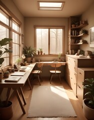 Elevation rendering of a Z-shaped study table with built-in wall seating in a simple cabin bedroom. The room boasts a bed, lovely accents, and thriving houseplants. Abundant natural light from an expa