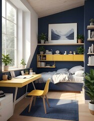 Elevation rendering of a Z-shaped study table with built-in wall seating in a simple cabin bedroom. The room boasts a bed, lovely accents, and thriving houseplants. Abundant natural light from an expa