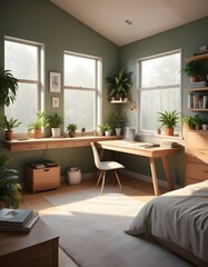 Elevation rendering of a Z-shaped study table with built-in wall seating in a simple cabin bedroom. The room boasts a bed, lovely accents, and thriving houseplants. Abundant natural light from an expa