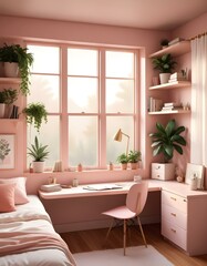 Elevation rendering of a Z-shaped study table with built-in wall seating in a simple cabin bedroom. The room boasts a bed, lovely accents, and thriving houseplants. Abundant natural light from an expa