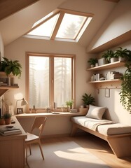 Elevation rendering of a Z-shaped study table with built-in wall seating in a simple cabin bedroom. The room boasts a bed, lovely accents, and thriving houseplants. Abundant natural light from an expa