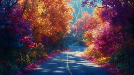 Fototapeta premium Scenic Autumn Road with Vibrant Colorful Foliage on Both Sides