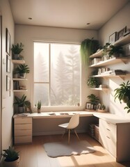 Elevation rendering of a Z-shaped study table with built-in wall seating in a simple cabin bedroom. The room boasts a bed, lovely accents, and thriving houseplants. Abundant natural light from an expa
