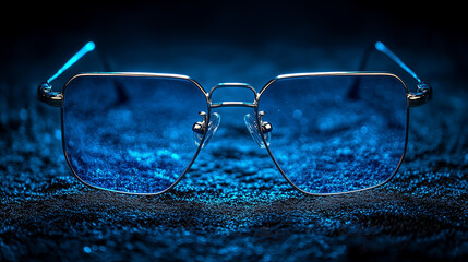 A close-up of rectangular sunglasses with blue lenses, illuminated by light creating a glowing effect on the lenses.