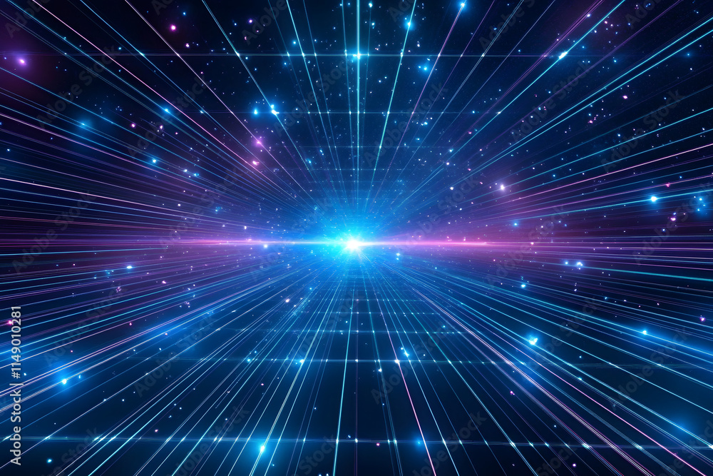 Poster retro 80s video game background with grid of blue light streaking in space