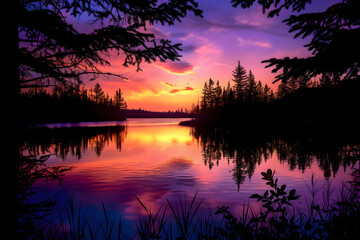 Serene Sunset Over Tranquil Lake with Reflective Waters and Silhouetted Trees: A Moment of Natural Peace and Beauty