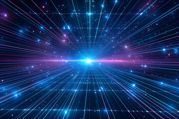 Retro 80s video game background with grid of blue light streaking in space