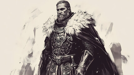Fototapeta premium Regal warrior in ornate armor and fur cape. Stalwart. Illustration