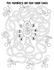 Children logic game to pass the maze. Put numbers on the tool tags. Educational game for kids. Choose right path. Funny cartoon character. Worksheet page. Coloring book