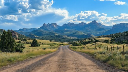 Naklejka premium Scenic Dirt Road Leading Through Serene Mountain Landscape