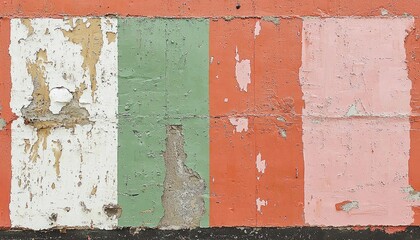 Peeling paint reveals layered colors on weathered wall