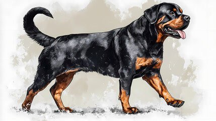Rottweiler dog walking confidently with a strong stride. Stalwart. Illustration