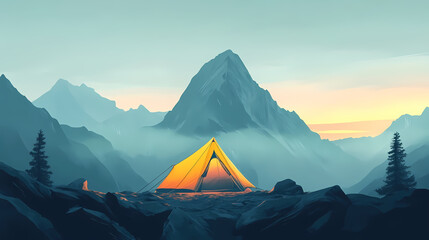 Serene dawn breaks over majestic mountain peak with solitary camping tent standing stalwart amidst misty fog and rugged rocky terrain landscape. Stalwart. Illustration