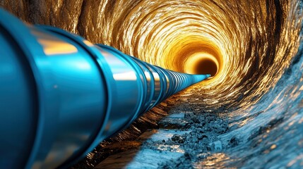 Fototapeta premium Underground utility project with blue cables in freshly dug trenches representing modern infrastructure