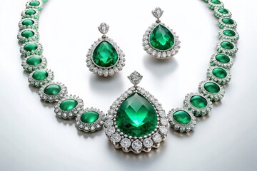 Obraz premium Emerald Jewelry Set, Necklace & Earrings, Luxury Green Gemstone, Elegant White Background, High-End Accessories