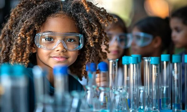 A young girl in safety goggles smiles amidst laboratory glassware, engaging in science.