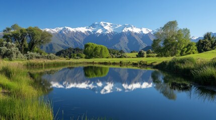 Serene Mountain Landscape with Reflective Lake and Clear Sky