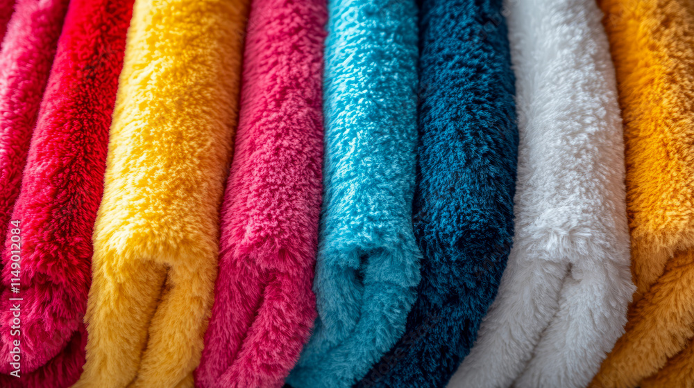 Poster vibrant assortment of colorful fuzzy blankets rolled in a row