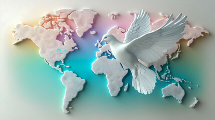 Dove flying over colorful world map symbolizing global peace and unity
